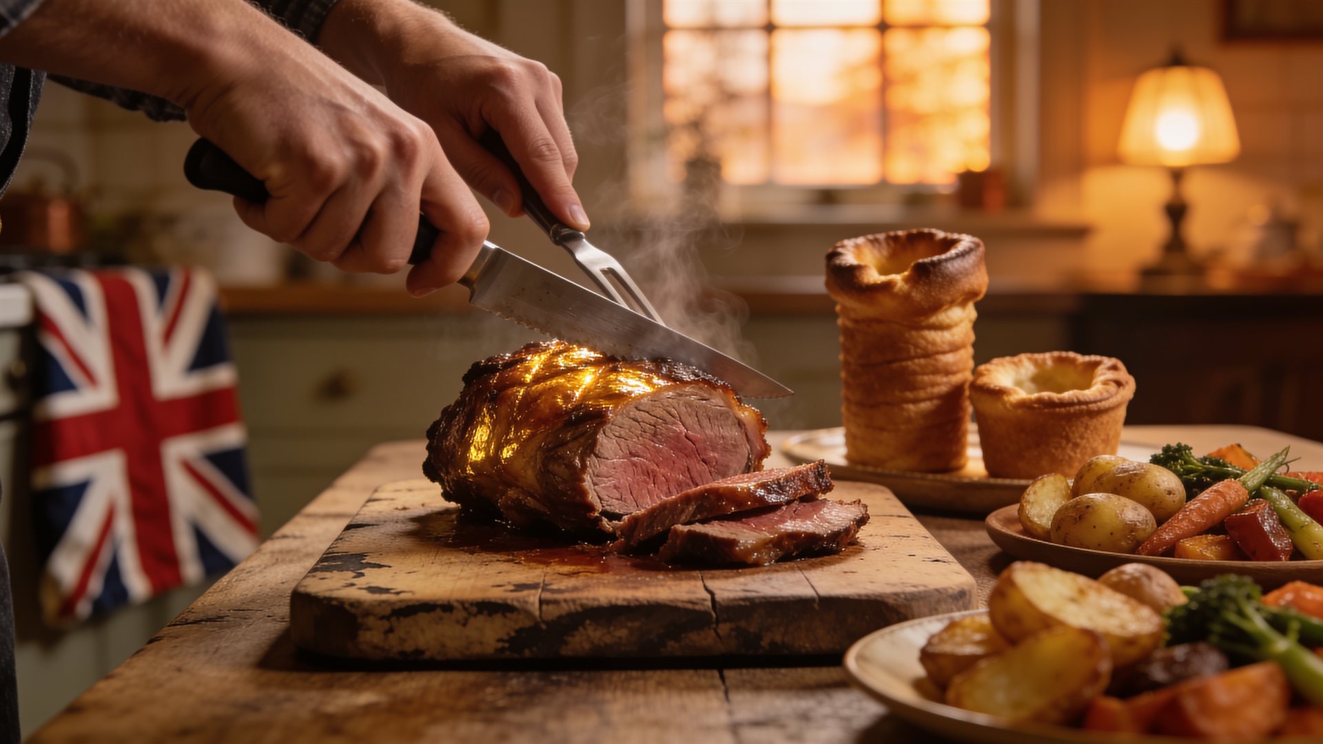 Carving a golden roast beef joint in a warm British kitchen