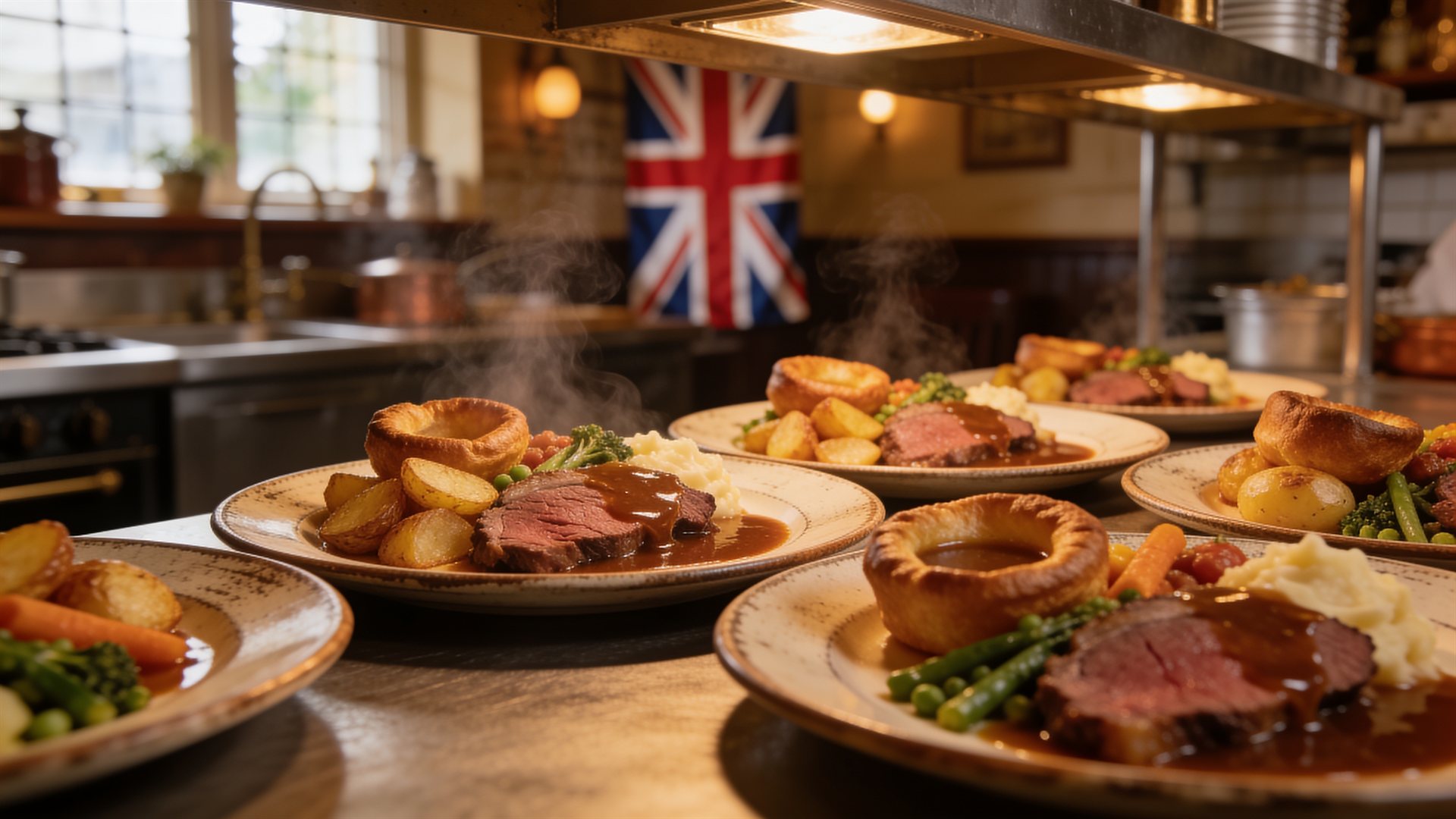 Freshly plated roast dinners ready for collection