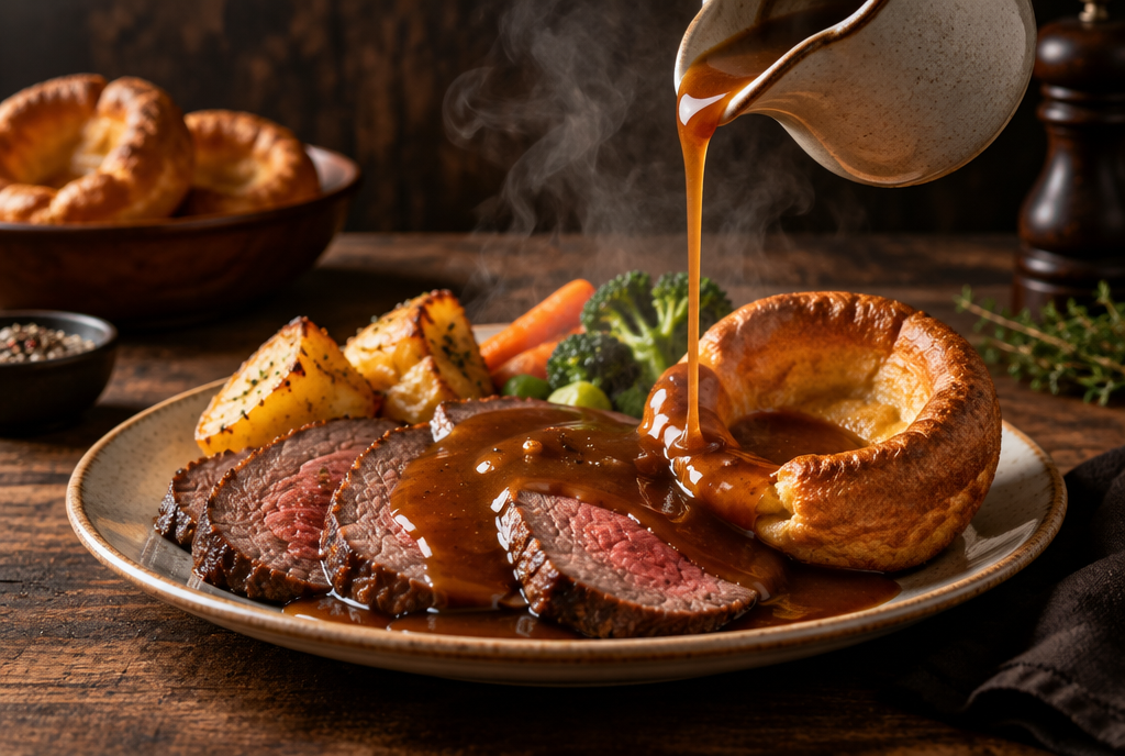 Gravy poured over roast beef