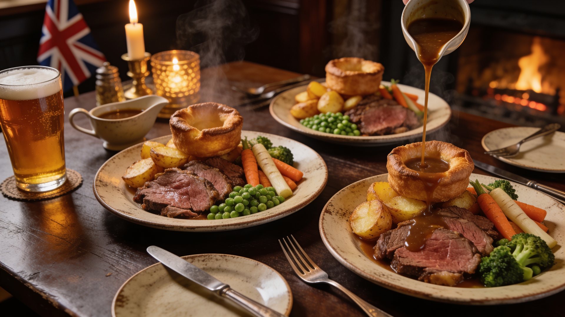 A table set with traditional British Sunday roasts