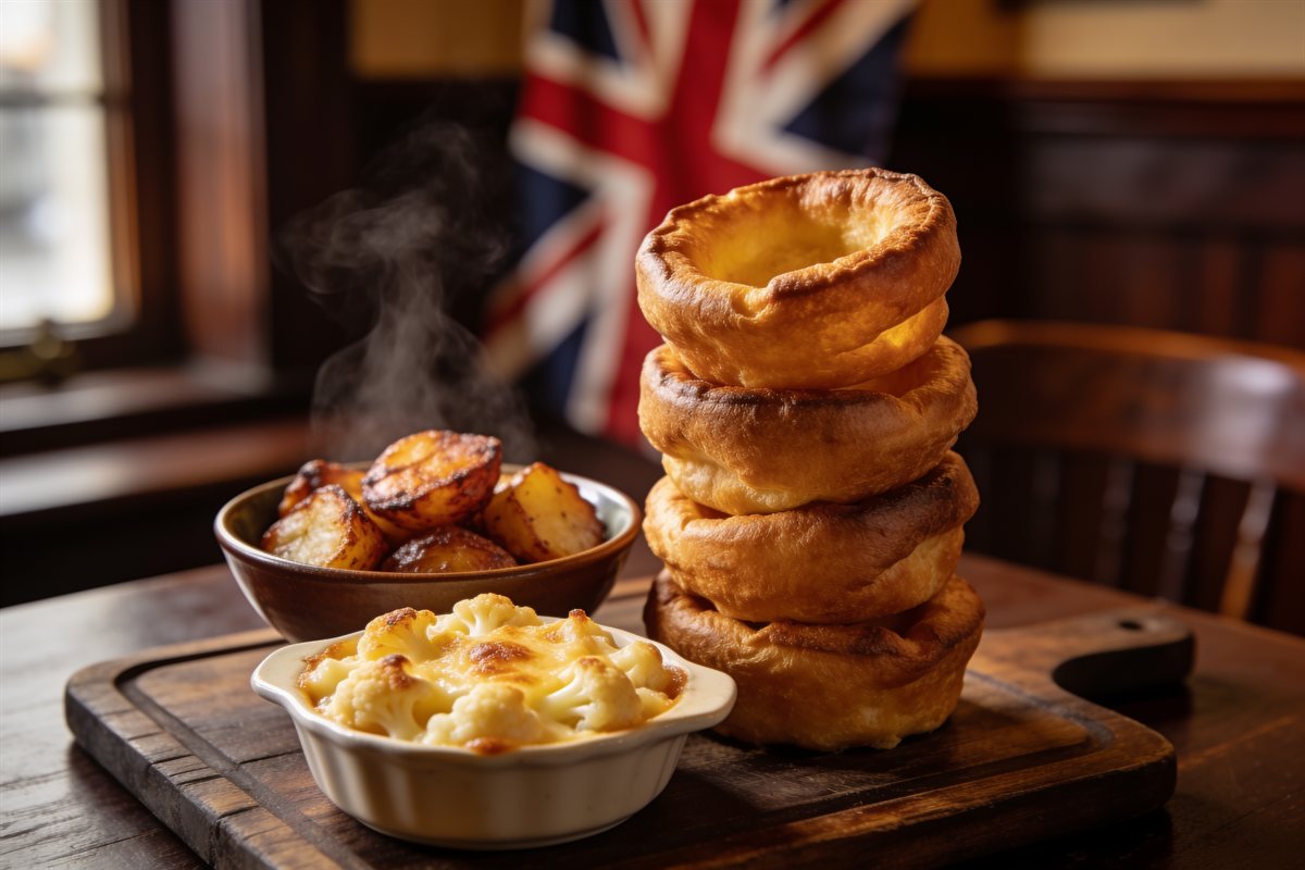 Homemade roast dinner extras — cauliflower cheese, roast potatoes and Yorkshire puddings